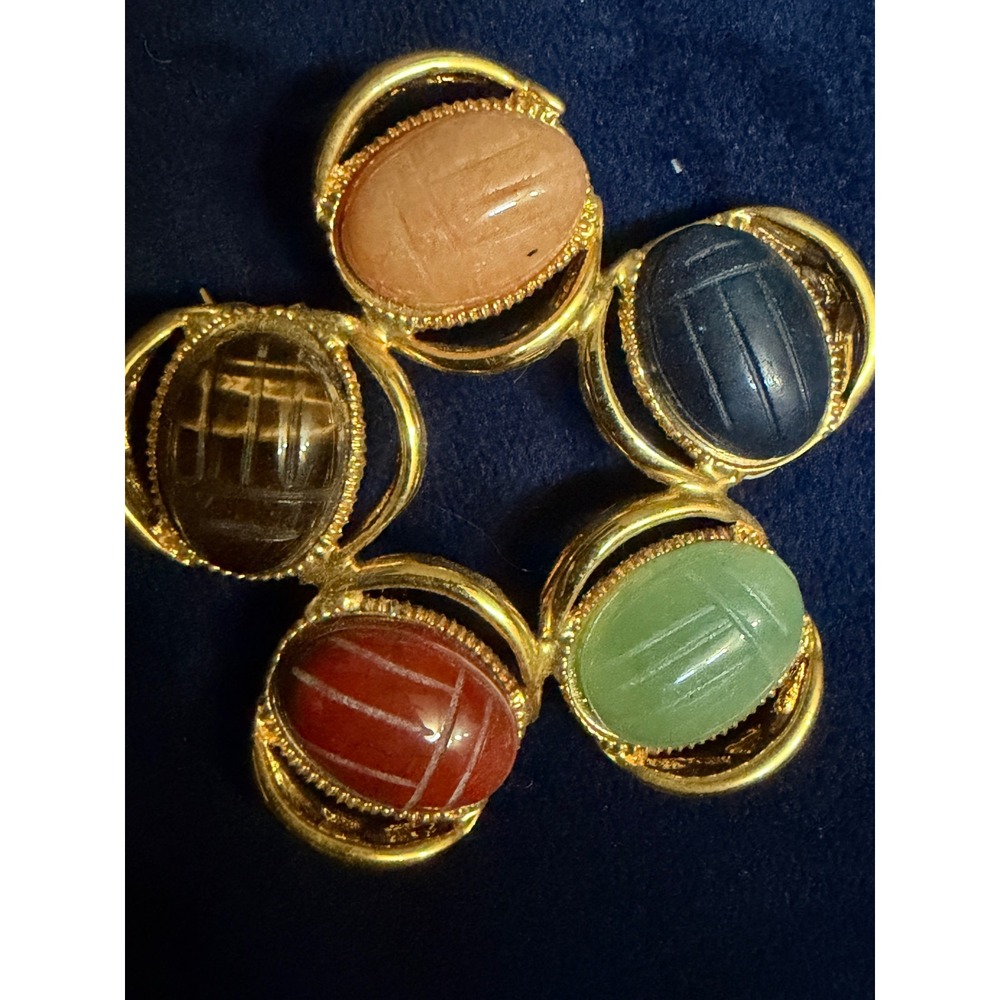 Vintage Multi Color Scarab Beetle Brooch Gold Tone Egyptian Revival Pin